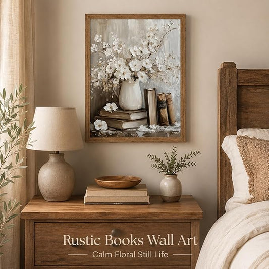 Framed Rustic Books Wall Art Farmhouse Floral Painting Picture Wall Decor Still Life Flowers Poster Print Artwork for Library Gallery Living Room Home Decoration