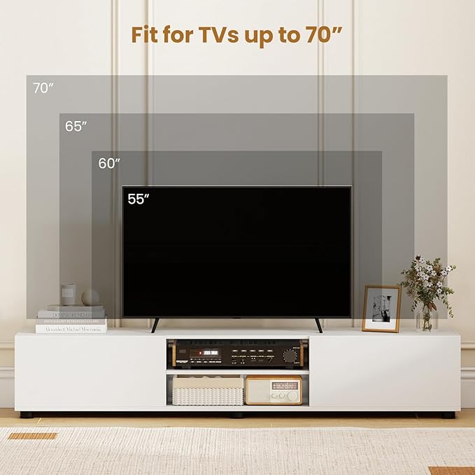 Tangkula Modern TV Stand for up to 70” TVs, 63”L Minimalist Entertainment Center w/ 2 Doors & Open Shelves, Media Console Table Storage Cabinet with 6 Support Feet for Living Room (White, 63”L)