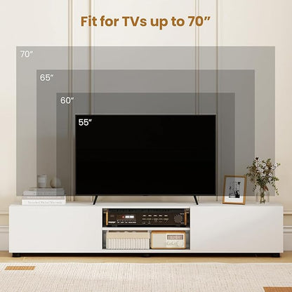 Tangkula Modern TV Stand for up to 70” TVs, 63”L Minimalist Entertainment Center w/ 2 Doors & Open Shelves, Media Console Table Storage Cabinet with 6 Support Feet for Living Room (White, 63”L)
