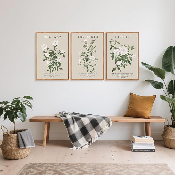 Aurlan The Way The Truth The Life Bible Verse Framed Wall Art(24"x36"), 3PCS Boho Christian Scripture Canvas Artwork, Large Floral Botanical Job 23:11 Psalm 43:3 John 14:6 Decor for Home Bedroom