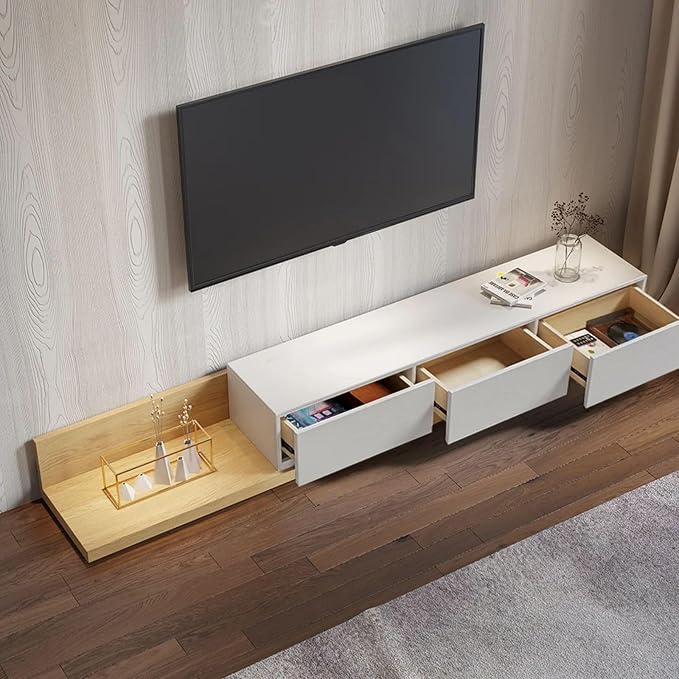 homary Wood Extendable TV Stand Rectangle Entertainment Center with 3-Drawer & Shelf Media TV Console for Living Room Bedroom (White & Natural)