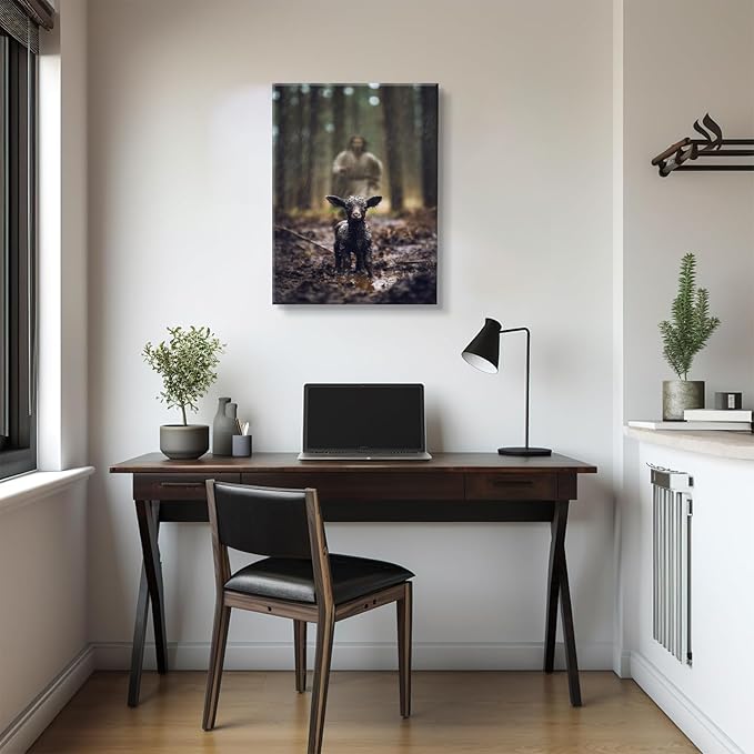 Jesus and Lamb Wall Art Jesus Running After Lost Lamb Picture Wall Art Christian Inspirational sheep of god Wall Decor god Saves the amb a lost sheep for Living Room Bedroom Church（24x36in Canvas）