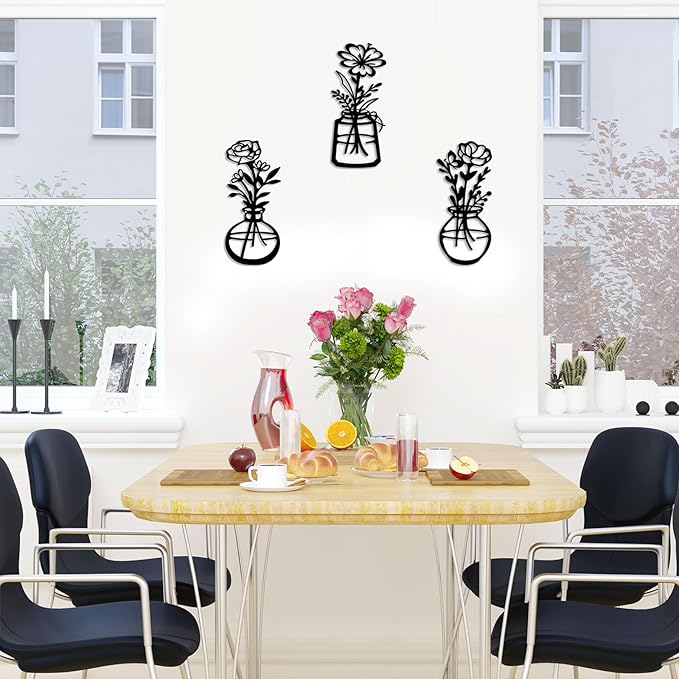 ARTINME 3 Pieces Metal Flowers Wall Arts - Rustic Farmhouse Decor Minimalist Flower Wall Decors for Living Room Bathroom Kitchen Bedroom Dining Room - Housewarming Gifts (Black)
