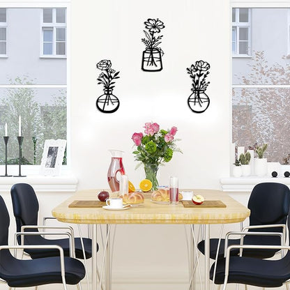 ARTINME 3 Pieces Metal Flowers Wall Arts - Rustic Farmhouse Decor Minimalist Flower Wall Decors for Living Room Bathroom Kitchen Bedroom Dining Room - Housewarming Gifts (Black)
