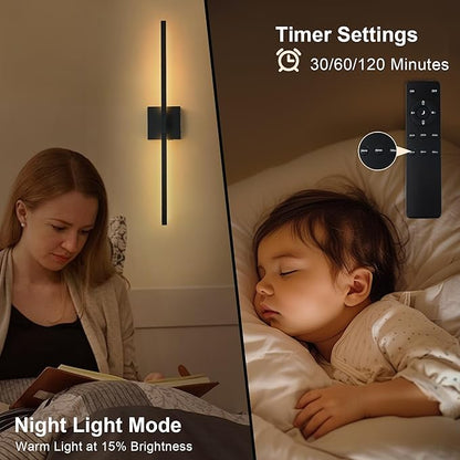 KARTOOSH 28.3 Inch Battery Operated Wireless Wall Sconce, 360° Rotatable Detachable Modern Wall Lamp with Remote Control Stepless Dimmable 3000K-6000K LED Light for Bedroom, Living Room Gallery Black