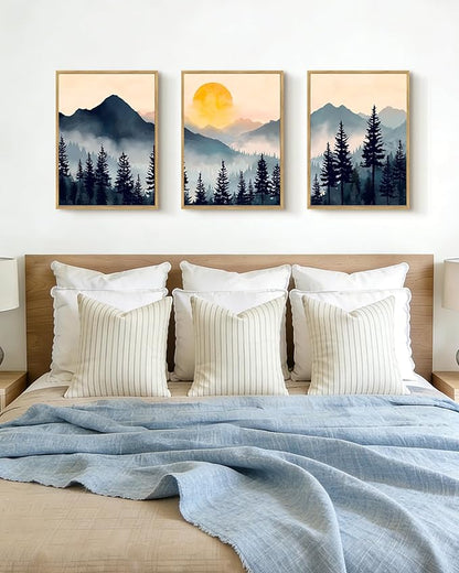 PHOPAGO Blue Fog Pine Tree Mountain Landscape Framed Wall Art Retro Watercolor Nature Misty Forest Artwork Paints Sun Rise Rustic Farmhouse Home Decor - 12x16in Natural Framed
