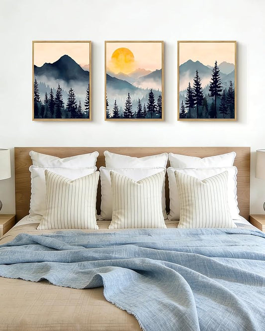 PHOPAGO Blue Fog Pine Tree Mountain Landscape Framed Wall Art Retro Watercolor Nature Misty Forest Artwork Paints Sun Rise Rustic Farmhouse Home Decor - 12x16in Natural Framed