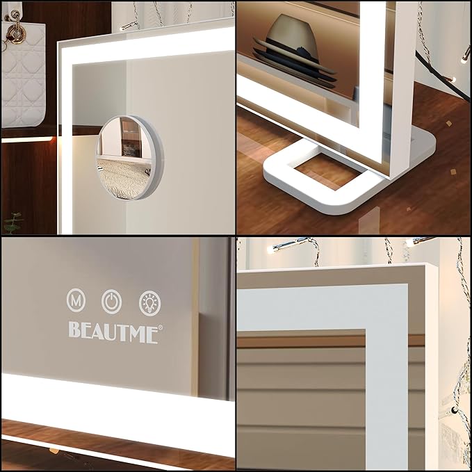ANYHI Large Vanity Mirror with Lights, 36.2" x 26.8" Hollywood Lighted Vanity Mirror, 10X Magnification, Smart Touch Control, 3 Color Modes, Memory Function,USB Charging, Tabletop or Wall Mount, White