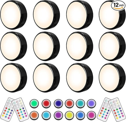 HELPLEX LED Puck Lights with Remote, 12 Pack Color Changing RGBW Stick-On Light, Battery Powered, Dimmable Under Cabinet Lighting with Timer & Memory, Wireless Push Lights for Kitchen & Closet, Black