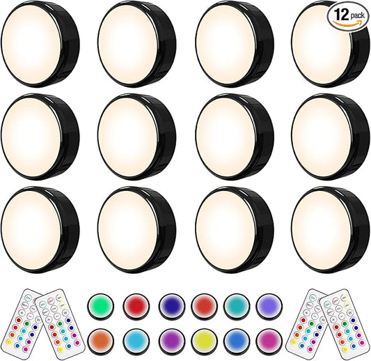 HELPLEX LED Puck Lights with Remote, 12 Pack Color Changing RGBW Stick-On Light, Battery Powered, Dimmable Under Cabinet Lighting with Timer & Memory, Wireless Push Lights for Kitchen & Closet, Black