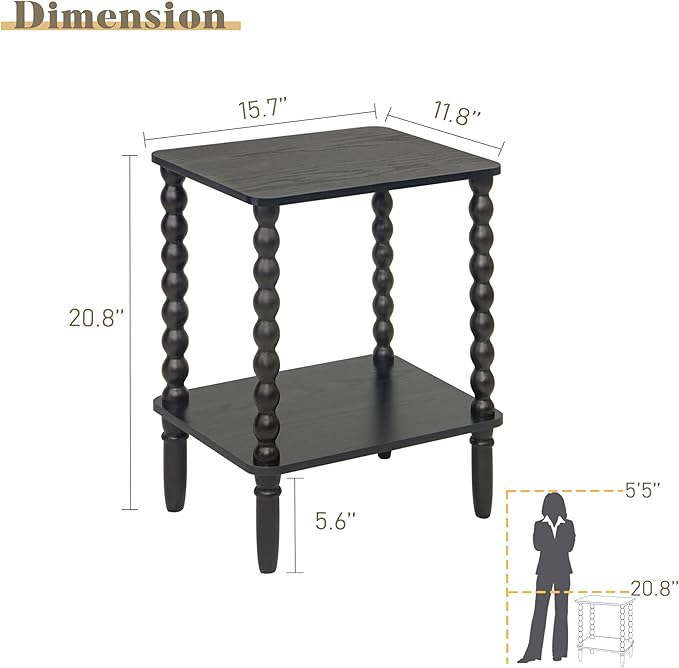 Fultyle Black Side Table, Small End Table with 2-Tier Shelf, Vintage Night Stand with Storage for Bedroom Living Room, Small Spaces (Black)