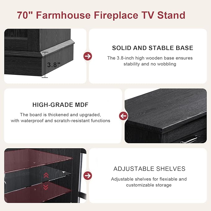 70" TV Stand with 36" Electric Fireplace, Entertainment Center Console Table for TV up to 80'', Fireplace TV Stand with Open Storage Shelves and Glass Door for Living Room, Black