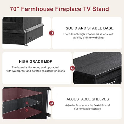 70" TV Stand with 36" Electric Fireplace, Entertainment Center Console Table for TV up to 80'', Fireplace TV Stand with Open Storage Shelves and Glass Door for Living Room, Black
