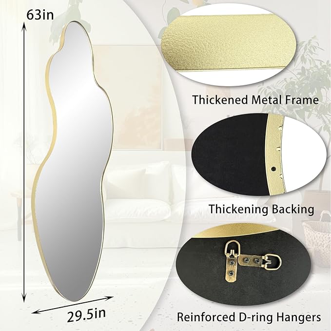 Irregular Wall Mirror, 60"x30" Gold Asymmetrical Mirrors Full Length, Large Abstract Mirrors with Metal Frame, Modern Unique Shaped Mirror for Living Room Bathroom Bedroom Hallway Entryway