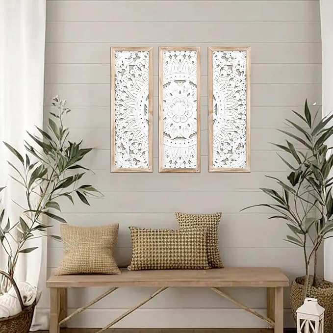 SwallowLiving 3D Layered Mandala Wood Wall Art Set of 3 – 23.6" Large Sacred Geometry Floral Sculptures, Intricately Carved Wood Panels for Meditation Room, Yoga Studio & Boho Decor, Distressed White