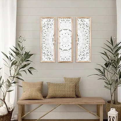 SwallowLiving 3D Layered Mandala Wood Wall Art Set of 3 – 23.6" Large Sacred Geometry Floral Sculptures, Intricately Carved Wood Panels for Meditation Room, Yoga Studio & Boho Decor, Distressed White