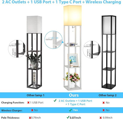 Mlambert Modern Shelf Floor Lamp with Wireless Charger & Fast Charging USB Ports & Type C Port & 2 Power Outlets,3 Tier Storage Lamp for Bedroom,Grey
