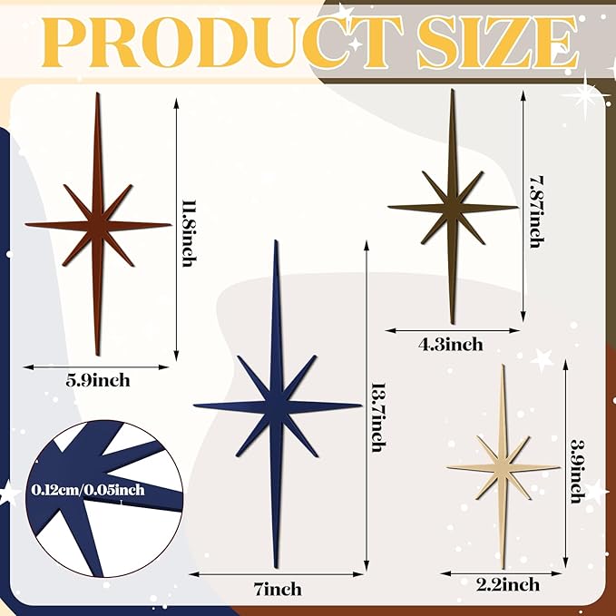 Blulu 4 Pcs Cast Iron Starburst Shaped Wall Decor Metal Mid Century Modern Decor Retro Atomic Stars Wall Art Elegance Accents Vintage Celestial Whimsigoth Hangings for Home Office Room(Neutral)