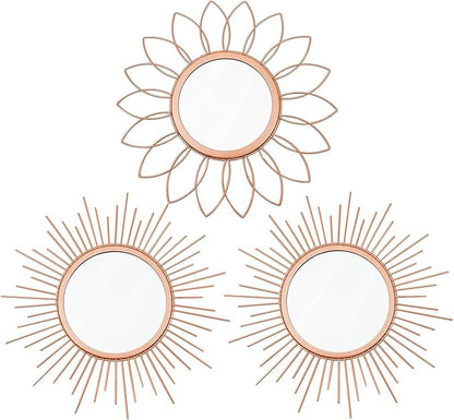 3 Pack Metal Mirrors for Wall Sunburst Wall Mirrors Home Décor Decorative Hanging Wall Art for Living Room Bedroom Entryway (Rose Gold, Flower+Sunburst)