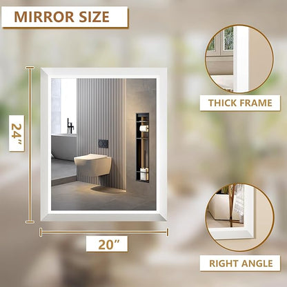 SMIROR Matte White Bathroom Mirror for Over Sink, 20”x 24” Metal Thick Framed Rectangle Vanity Mirror for Wall, Right Angle Corner, Anti-Rust, Horizontally or Vertically Mounted