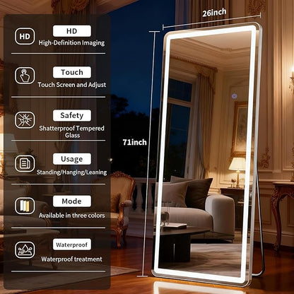 LED Full Length Mirror Floor Mirrors with Dimming &3 Color Lighting 26 x 71 Inch LED Mirrors Full Body Wall for Bedroom Dressing Room Rect