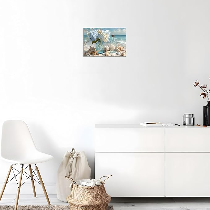 TutuBeer 1 Panel Blue Ocean Beach Bathroom Canvas Wall Art Seaside Seashell Painting Print Artwork Starfish with White Flower Coastal Bathroom Canvas Wall Art for Living Room Bedroom Bathroom 24"x36"