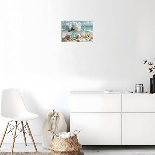 TutuBeer 1 Panel Blue Ocean Beach Bathroom Canvas Wall Art Seaside Seashell Painting Print Artwork Starfish with White Flower Coastal Bathroom Canvas Wall Art for Living Room Bedroom Bathroom 20"x30"