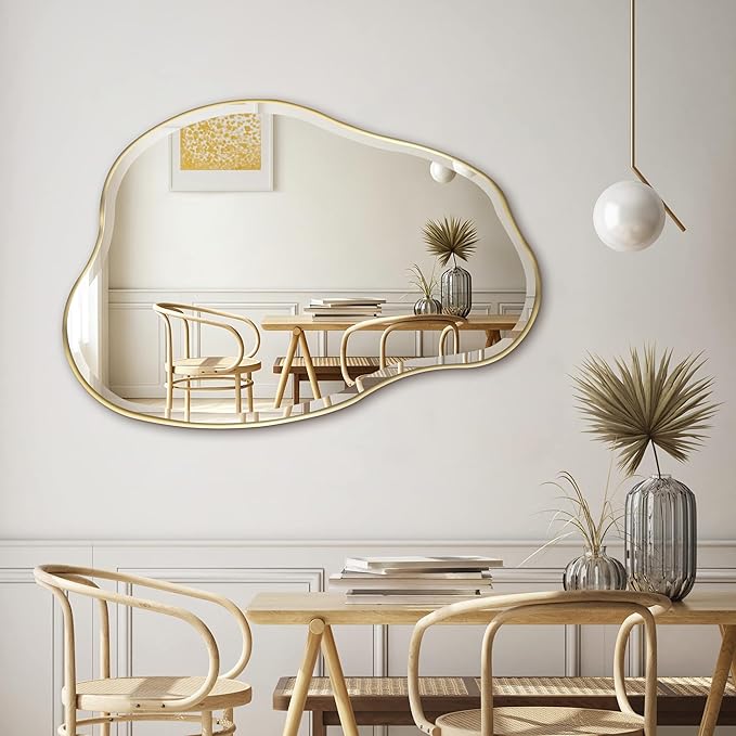 POZINO Irregular Beveled Mirror, 36"x24" Asymmetrical Bathroom Vanity Mirror with Gold Metal Frame, Cloud Shaped Wall Mirrors for Living Room Bedroom Hallway Entryway, Horizontal/Vertical Hanging