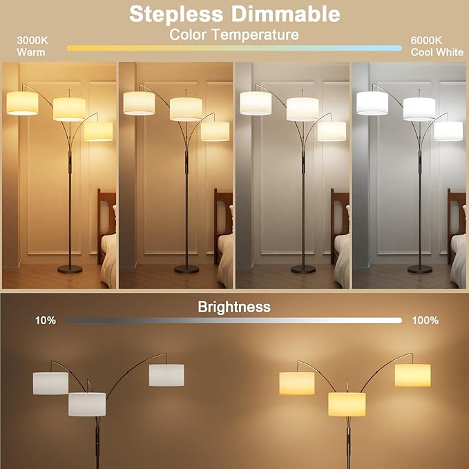 SIBRILLE 36W Dimmable Floor Lamp - 3 Lights Arc Floor Lamps Standing Lamp with Remote & Touch Control, Tall Lamp for Living Room Corner, Bedroom, Office