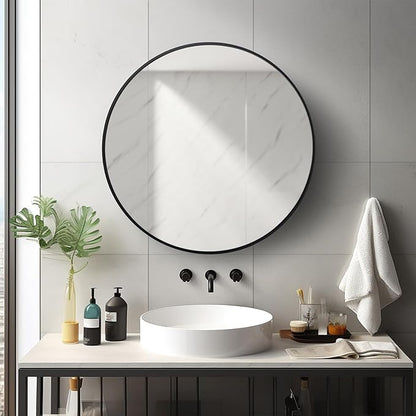 Sunniry Round Mirror 22 inch, Black Circle Mirror, Round Wall Mirrors Matte Metal Frame, Circle Mirrors for Living Room, Bathroom, Wall, Entryway, Rustic.