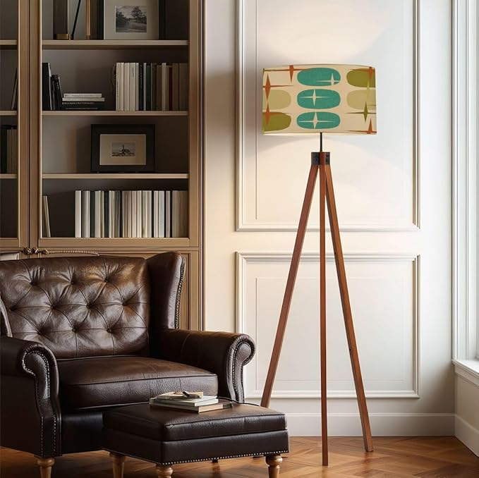 Wood Tripod Floor Lamp Retro Abstract Era Seamless 1950s 1960s 1970s modern abstract texture Mid Century Standing Lamp Linen Shade Dimmable Modern Tall lamp Home Decor for Living Room Bedroom Office