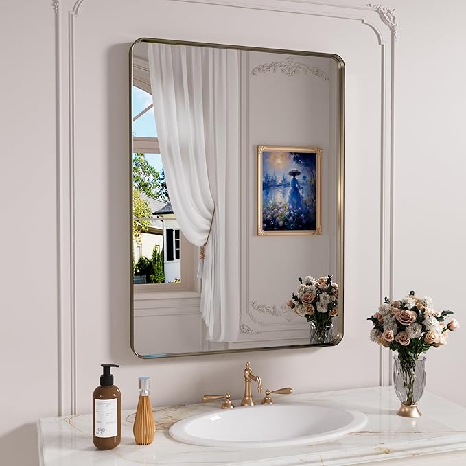 JISOSO Bronze Bathroom Mirror 24x36 Inch, Brushed Bronze Metal Frame Mirror for Wall, Rounded Rectangle Bathroom Vanity Mirror with Tempered Glass, Anti-Rust, Horizontal/Vertical
