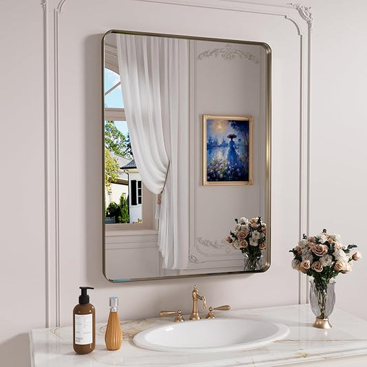 JISOSO Bronze Bathroom Mirror 24x36 Inch, Brushed Bronze Metal Frame Mirror for Wall, Rounded Rectangle Bathroom Vanity Mirror with Tempered Glass, Anti-Rust, Horizontal/Vertical