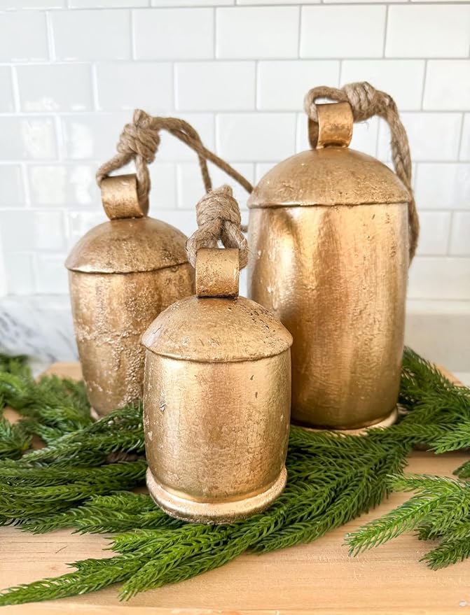 Large Vintage Gold Cow Bells for Rustic Christmas Decor Hanging Bells on Rope Set of 3 Harmony Cow Bells Vintage Handmade Rustic Lucky (Set of 3, 6,8,10 inches)