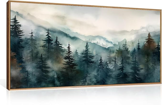 KAIRNE Watercolor Misty Forest Framed Canvas Wall Art Set, Nature Landscape Wall Decor, Foggy Mountain Pine Trees Wall Painting, Jungle Scenery Artwork for Living Room, Bedroom, Office-40 x20 x1