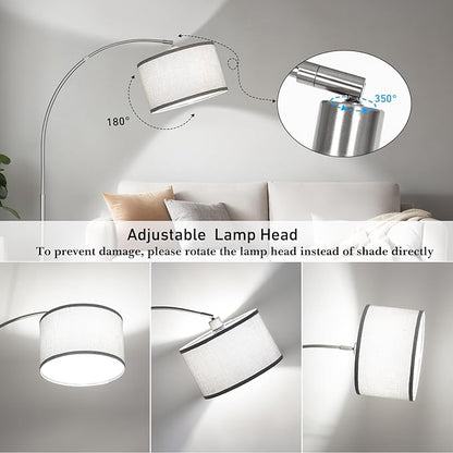 Silver Arc Floor Lamp for Living Room, Modern Standing Lamp with Adjustable Head Tall Pole Lamp with On/Off Pedal Switch Over Couch Arched Tall standing light for Reading Bedroom 8W LED Bulb Included