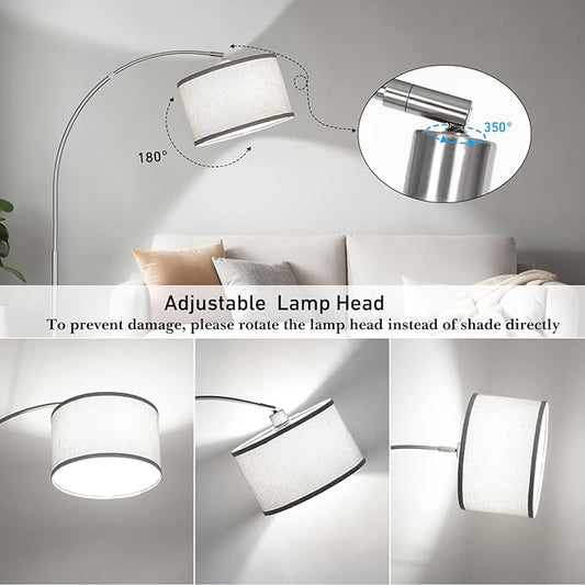 Silver Arc Floor Lamp for Living Room, Modern Standing Lamp with Adjustable Head Tall Pole Lamp with On/Off Pedal Switch Over Couch Arched Tall standing light for Reading Bedroom 8W LED Bulb Included