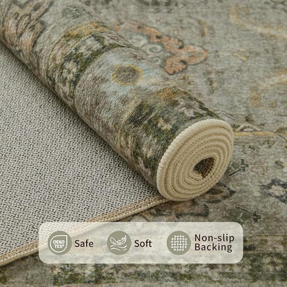 Rugxara 4x6 Rug for Living Room Bedroom, Washable Throw Rugs, Vintage Retro Boho Area Rugs, Non Slip & Low Pile Accent Throw Carpet for Indoor Dining Room, Kids Room and Office(Olive Brown 4x6ft)