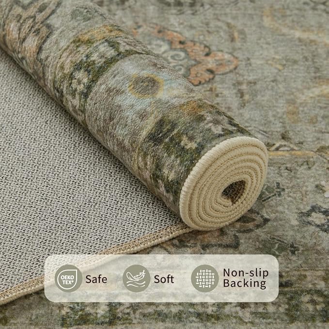 Rugxara 9x12 Area Rugs for Living Room Bedroom, Large Washable Rug, Vintage Floral Boho Rug, Non Slip & Low Pile Faux Wool Thin Carpet for Indoor Dining Room and Kids Room(Olive Brown 9x12ft)
