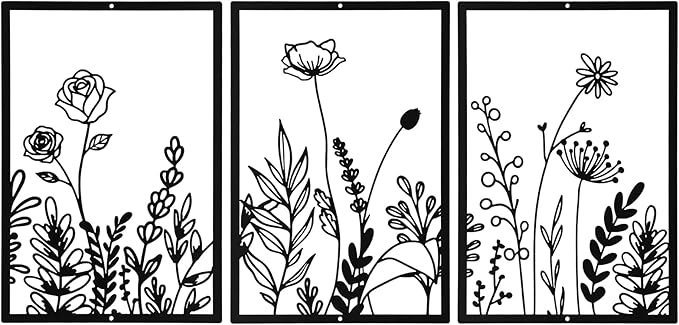 Sanwarm 3 Pieces Metal Flowers Wall Decor, Black Wall Art Decors Floral Herbs Line Sculpture Rose Daisy Eucalyptus Leaves Hanging Decoration for Home Kitchen Living Room Bedroom Garden Office