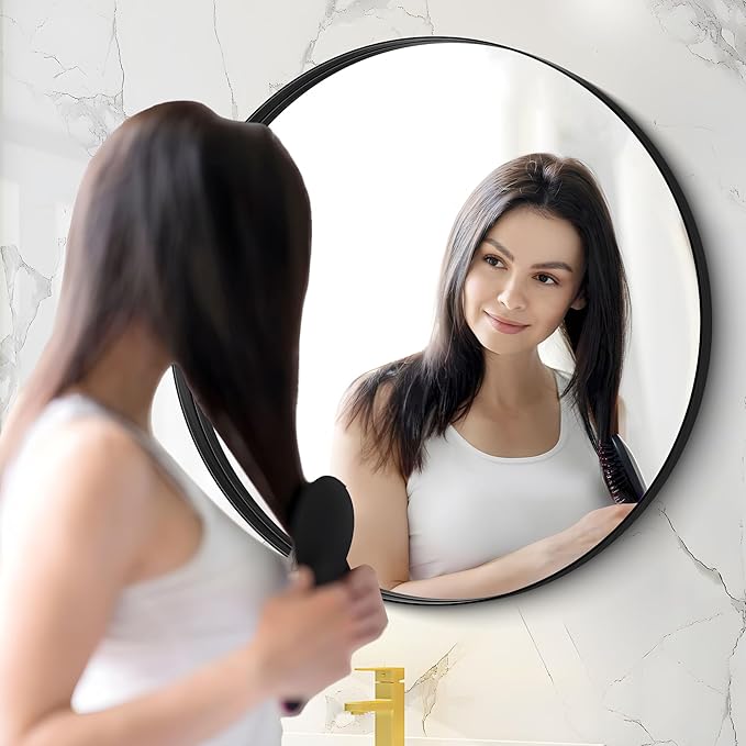 Black Round Mirror 18 inch Deep Frame Circle Mirror, Metal Framed Bathroom Mirror, Round Vanity Mirror, Circle Mirrors for Wall Entryway Bedroom Living Room Hallway