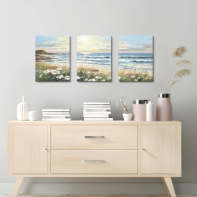 Hardy Gallery Beach Painting Ocean Wall Art: Seascape Artwork Coastal Picture Beach Scene Wall Decor and Seaside Canvas Art for Bedroom Decorations 16"x12"x3panels