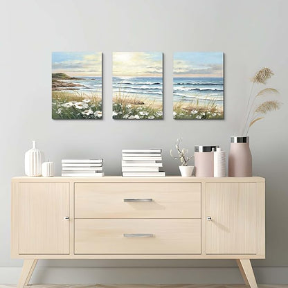 Hardy Gallery Beach Painting Ocean Wall Art: Seascape Artwork Coastal Picture Beach Scene Wall Decor and Seaside Canvas Art for Bedroom Decorations 16"x12"x3panels