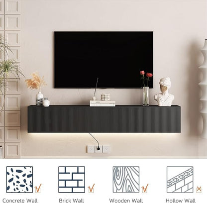 KEIKI 11.8" H x 68.8" L Floating TV Stand Wall Mounted with 16 Color LEDs & Power Outlets for TVs Up to 70 Inch, Wooden Media Console Entertainment Center Television Table Cabinet for Living Room