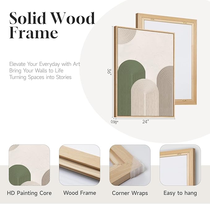 Framed Green Beige Abstract Wall Art for Living Room, 3 Piece Large Neutral Modern Minimalist Canvas Artwork for Walls, Boho Bauhaus Geometric Painting Prints for Hallway Office Wall Decor, 24x36 Inch
