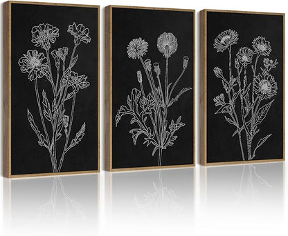 Drsoum Black White Flower Wall Art Vintage Minimalist Floral Wall Hanging Decor Botanical Prints Artwork for Office Dining Room Hallway 11x14in Natural Framed