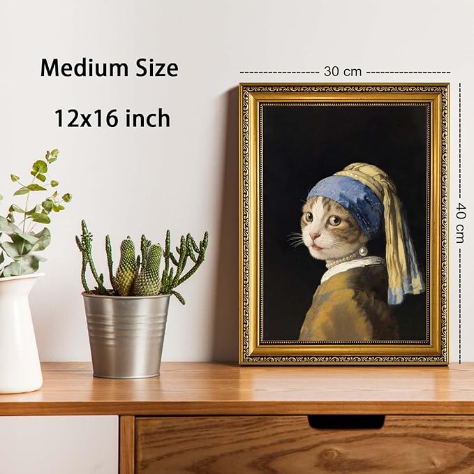 YD&YZY Gold Framed Funny Cat Wall Art Canvas Girl with a Pearl Earring Cat Wall Decor Unique Cute Animal Painting Picture Print Artwork for Bedroom Living Room Bathroom 12x16 inch Framed