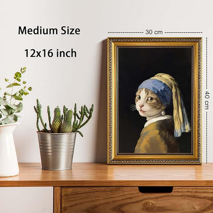 YD&YZY Gold Framed Funny Cat Wall Art Canvas Girl with a Pearl Earring Cat Wall Decor Unique Cute Animal Painting Picture Print Artwork for Bedroom Living Room Bathroom 12x16 inch Framed