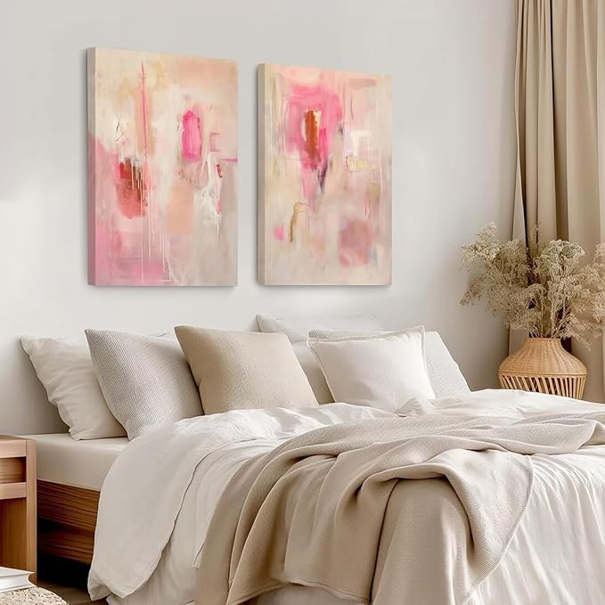 Tocliky Abstract Wall Art Neutral Modern Canvas Painting Decor Pink Beige Minimalist Wall Art Contemporary Abstract Poster Artwork for Living Room Bedroom 12x16 Inch Wrapped Canvas Set of 2