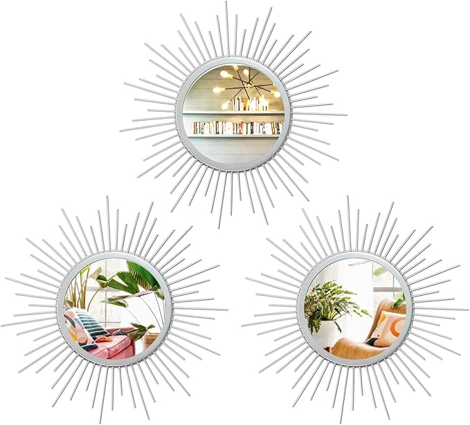 3 Set Sunburst Mirrors for Wall Decor Living Room Bedroom Bathroom Dining Room Metal Boho Sunburst Wall Mirror Set Gold Metal Vintage Circle Art Pack - Silver 11.8 in